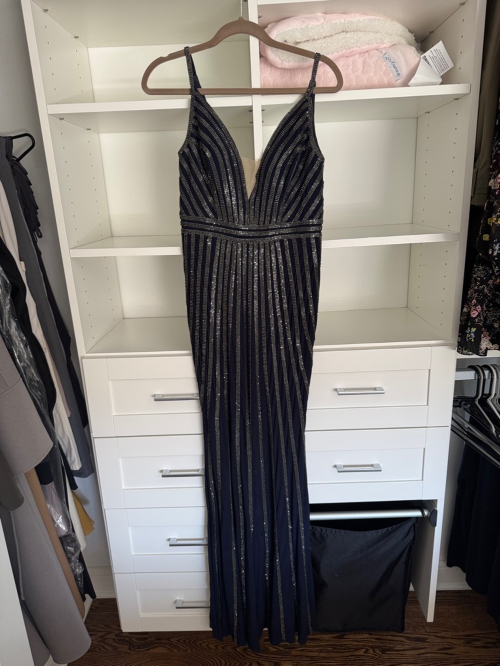 Elegant Navy Sequin Stripe Evening Dress